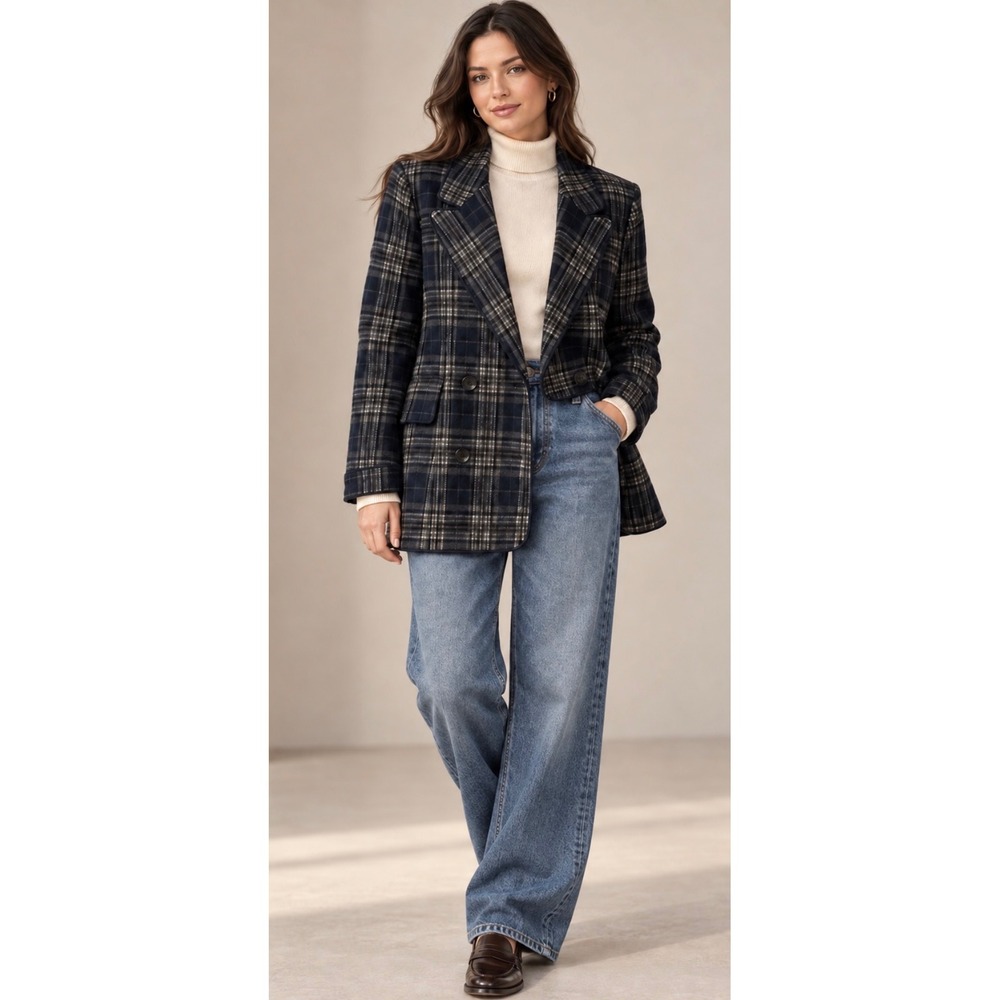 Avec Les Filles Anthropologie  Plaid Double-Breasted Blazer 
Women L preppy fall